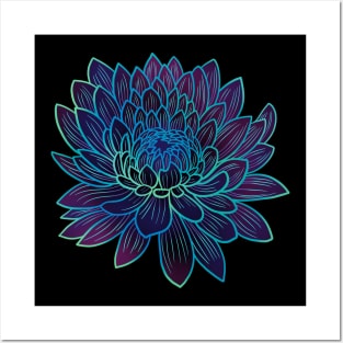 Colorful chrysanthemum or Mums flower drawing - faded light blue and green with dark purple petals. Posters and Art